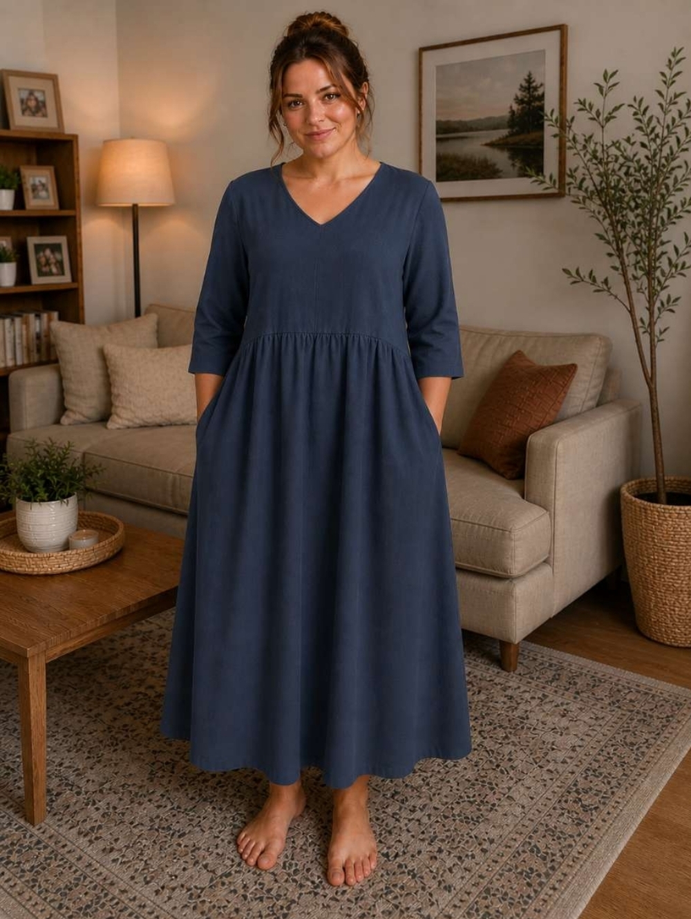 Women's V-Neck Linen-Style Midi Dress in Blue